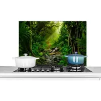 KitchenYeah Spatscherm keuken 80x55 cm - Kookplaat achterwand Jungle - Water - Bladeren - Zon - Natuur - Muurbeschermer - Spatwand fornuis - Hoogwaardig aluminium