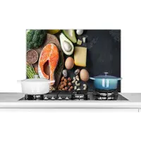 KitchenYeah Spatscherm keuken 90x60 cm - Kookplaat achterwand Vlees - Eieren - Fruit - Kaas - Kruiden - Muurbeschermer - Spatwand fornuis - Hoogwaardig aluminium