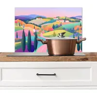 KitchenYeah Spatscherm keuken 70x50 cm - Kookplaat achterwand Landschap - Paars - Pastel - Huizen - Muurbeschermer - Spatwand fornuis - Hoogwaardig aluminium