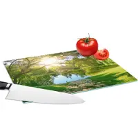KitchenYeah Glazen Snijplank - 28x20 - Bomen - Meer - Zon - Gras - Natuur - Snijplanken Glas