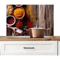 KitchenYeah Spatscherm keuken 80x55 cm - Kookplaat achterwand Kruiden - Specerijen - Hout - Lepel - Bruin - Muurbeschermer - Spatwand fornuis - Hoogwaardig aluminium