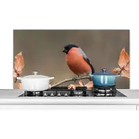 KitchenYeah Spatscherm keuken 120x60 cm - Kookplaat achterwand Vogel - Bladeren - Herfst - Goudvink - Muurbeschermer - Spatwand fornuis - Hoogwaardig aluminium