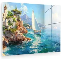 MuchoWow Glasschilderij 160x120 cm - Schilderij acrylglas - Zeilboot - Rotsen - Kust - Huizen - Foto op glas - Muurdecoratie woonkamer - Wanddecoratie slaapkamer - Schilderijen
