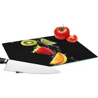KitchenYeah Glazen Snijplank - 28x20 - Fruit - Water - Zwart - Stilleven Aardbei - Kiwi - Snijplanken Glas