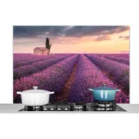 KitchenYeah Spatscherm - Spatwand - Lavendel - Schuur - Bloemen - Zonsondergang - 120x80 cm - Spatscherm keuken - Keuken achterwand - Muurbeschermer