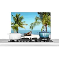 KitchenYeah Spatscherm - Palmboom - Strand - Zee - Boot - 90x60 cm - Spatwand