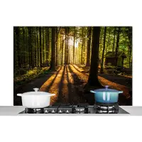 KitchenYeah Spatscherm keuken 120x80 cm - Kookplaat achterwand Zon - Bomen - Bos - Landschap - Natuur - Muurbeschermer - Spatwand fornuis - Hoogwaardig aluminium