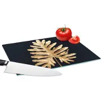 KitchenYeah Glazen Snijplank - 28x20 - Bladeren - Herfst - Goud - Zwart - Natuur - Luxe - Snijplanken Glas