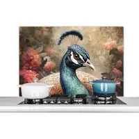 KitchenYeah Spatscherm keuken 100x65 cm - Kookplaat achterwand Pauw - Vogel - Bloemen - Planten - Pauwenveren - Muurbeschermer - Spatwand fornuis - Hoogwaardig aluminium