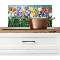 KitchenYeah Spatscherm keuken 70x30 cm - Kookplaat achterwand Mozaïek - Veld - Tulpen - Kleurrijk - Muurbeschermer - Spatwand fornuis - Hoogwaardig aluminium