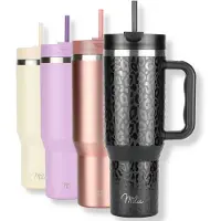 MILU Tumbler 1200ml met Rietje en Handvat | 24u Koud / 48u Ijs / 12u Heet | Dubbelwandige Isolatie Thermosbeker Koffie Voor in de Auto | Thermos Beker Travel Mug to go (Zwart Luipaard)