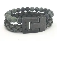 Josh Heren Leren Armband met Natuursteen Groen | 24981-BRA