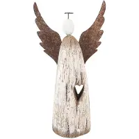 Clayre & Eef Decoratie Beeld Engel 14x5x26 cm Wit Bruin Hout