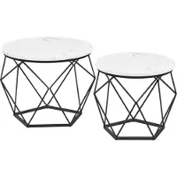 Vasagle ronde salontafel, set van 2, woonkamertafel, bijzettafel, modern, afneembaar tafelblad, voor woonkamer, marmer wit-inktzwart LCT041W59