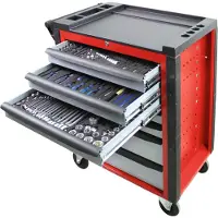 ADB HQ werkplaatswagen, met 190-delige gereedschapsset, 7 laden, duwbeugel, centrale vergrendeling, B 750 x D 475 x H 985 mm, vuurrood RAL 3000