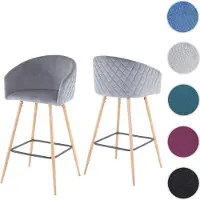 Mendler Set van 2 barkrukken HWC-D72, barkrukken, toonbankkrukken, keukenstoelen met rugleuning, metaal met houtlook fluweel, grijs