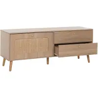 Mendler TV-meubel HWC-M38, laag kastje voor televisie, TV-kast, commode, met lade en deur, van kubu rotan en hout, 56x140x41 cm, eikenhoutlook