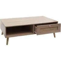 Mendler Salontafel HWC-M39, woonkamertafel, bijzettafel, salontafel, met lade, van kubu rotan, hout en melamine, 37x110x59 cm, eikenhoutlook