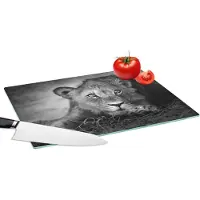 KitchenYeah Glazen Snijplank - 39x28 - Wilde dieren - Leeuw - Natuur - Zwart - Wit - Snijplanken Glas