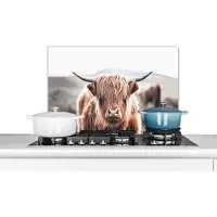 KitchenYeah Spatscherm keuken - Muurbeschermer - Zwart - Wit - Schotse hooglander - Hoorn - Dieren - Koe - Muurdecoratie - Spatwand - 60x40 cm