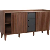 MCW Dressoir -M48, ladekast, opbergvak met schuifdeur, MDF 81x150x40cm ~ walnoot look, laden donkergrijs