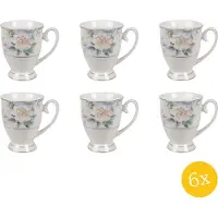 Clayre & Eef Mok set van 6 stuks 300 ml Beige Roze Porselein Rond Bloemen Koffiemok
