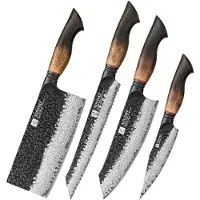 Xinzuo Messenset 4-delig – X06 Mo Series – Damascus Staal – Gebrand Eiken Handvat – Luxe Keukenmessen