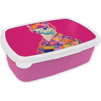 MuchoWow Broodtrommel Roze - Lunchbox Lama - Kimono - Bloemenkrans - Felroze - Brooddoos 18x12x6 cm - Brood lunch box - Broodtrommels voor kinderen en volwassenen