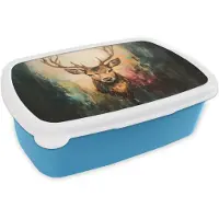 MuchoWow Broodtrommel Blauw - Lunchbox Hert - Geverfd - Gewei - Bruin - Brooddoos 18x12x6 cm - Brood lunch box - Broodtrommels voor kinderen en volwassenen
