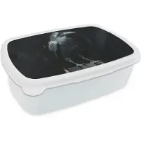 MuchoWow Broodtrommel Wit - Lunchbox Raaf - Vogels - Zwart - Brooddoos 18x12x6 cm - Brood lunch box - Broodtrommels voor kinderen en volwassenen