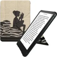 Kwmobile e-reader hoesje geschikt voor Amazon Kindle Paperwhite (2024)/Colorsoft hoes - Ereader flip case met standaard - E reader cover van kunstleer - In zwart / beige