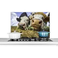 KitchenYeah Spatscherm keuken 90x60 cm - Kookplaat achterwand Koeien - Hooi - Portret - Muurbeschermer - Spatwand fornuis - Hoogwaardig aluminium