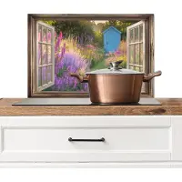 KitchenYeah Spatscherm keuken 70x50 cm - Kookplaat achterwand Doorkijk - Bloemen - Raam - Natuur - Muurbeschermer - Spatwand fornuis - Hoogwaardig aluminium