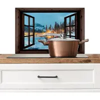 KitchenYeah Spatscherm keuken 60x40 cm - Kookplaat achterwand Doorkijk - Winter - Landschap - Natuur - Huis - Bergen - Muurbeschermer - Spatwand fornuis - Hoogwaardig aluminium