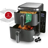 DS Produkte GOURMETmaxx FryUp Verticale heteluchtfriteuse met dubbele kamer, verticale airfryer, inklapbaar touchscreen, 32% ruimtebesparend, inhoud 10 liter, heteluchtfriteuse, 2 kamers