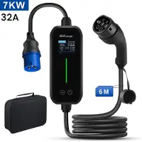 Junsun Draagbare 7kW 32A 1-Fase EV Laadkabel - Type 2 Laadpaal , 6M Kabel + LCD Scherm & Opbergtas - 6A/8A/10A/13A/16A/20A/24A/32A Schakelbaar - IEC62196-2 & IP65