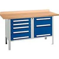 Schäfer Shop Box-type werkbank PWi 150-8, beuken multiplex blad, tot 750 kg, B 1500 x D 700 x H 840 mm, gentiaanblauw