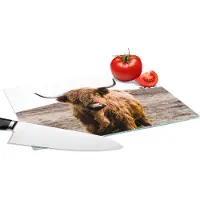 KitchenYeah Glazen Snijplank - 28x20 - Schotse hooglander - Landschap - Koe - Bruin - Dieren - Natuur - Snijplanken Glas
