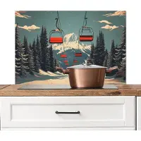 KitchenYeah Spatscherm keuken 90x60 cm - Kookplaat achterwand Sneeuw - Skilift - Rood - Bomen - Muurbeschermer - Spatwand fornuis - Hoogwaardig aluminium