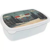 MuchoWow Broodtrommel Wit - Lunchbox Sneeuw - Skilift - Rood - Bomen - Brooddoos 18x12x6 cm - Brood lunch box - Broodtrommels voor kinderen en volwassenen