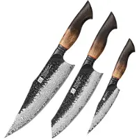 Xinzuo Messenset 3-delig – X06 Mo Series – Damascus Staal – Gebrand Eiken Handvat – Professionele Keukenmessen