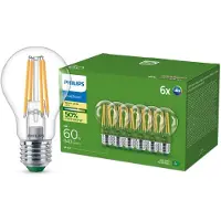 Philips UltraEfficient LED lamp Transparant - 60W - E27 fitting - Warmwit licht; 2700K - Ultra Efficiënt: Energielabel A - 6-pack