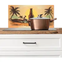 KitchenYeah Spatscherm keuken 70x30 cm - Kookplaat achterwand Bierfles - Zonsondergang - Palmbomen - Zee - Muurbeschermer - Spatwand fornuis - Hoogwaardig aluminium