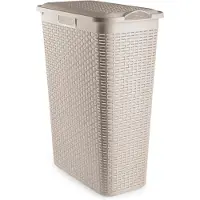 PlasticForte Smalle Wasmand met deksel Rotan - beige - gevlochten kunststof - 48 liter - 27x46x60 cm