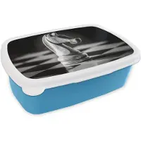 MuchoWow Broodtrommel Blauw - Lunchbox Paard - Hout - Schaalbord - Zwart - Brooddoos 18x12x6 cm - Brood lunch box - Broodtrommels voor kinderen en volwassenen