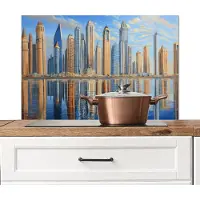 KitchenYeah Spatscherm keuken 90x60 cm - Kookplaat achterwand Skyline - Wolkenkrabbers - Water - Blauw - Muurbeschermer - Spatwand fornuis - Hoogwaardig aluminium