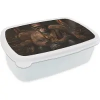 MuchoWow Broodtrommel Wit - Lunchbox Chimpansee - Stoel - Pak - Bruin - Brooddoos 18x12x6 cm - Brood lunch box - Broodtrommels voor kinderen en volwassenen