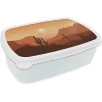 MuchoWow Broodtrommel Wit - Lunchbox Landschap - Woestijn - Cactussen - Zon - Brooddoos 18x12x6 cm - Brood lunch box - Broodtrommels voor kinderen en volwassenen