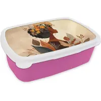 MuchoWow Broodtrommel Roze - Lunchbox Vrouw - Krullen - Bloemen - Beige - Brooddoos 18x12x6 cm - Brood lunch box - Broodtrommels voor kinderen en volwassenen
