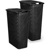 PlasticForte Smalle Wasmand met deksel Rotan - 2x - zwart - gevlochten kunststof - 48 liter - 27 x 46 x 60 cm